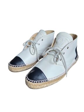 Chanel CC High Top Espadrilles G29600 White Black Cap Toe Lambskin 39